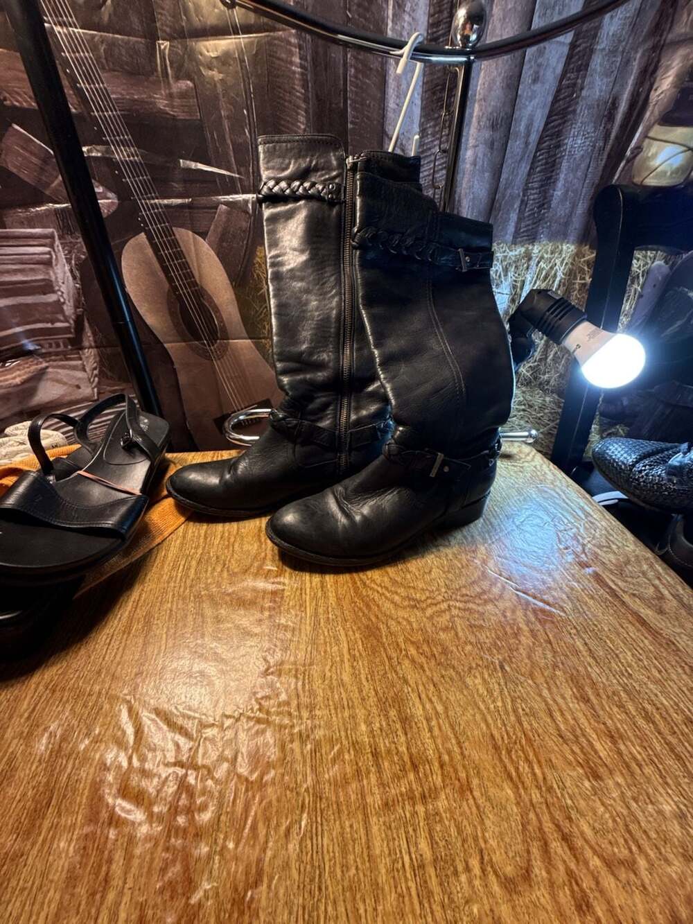 Johnston & Murphy Black Leather Braided Strap Knee High Boots